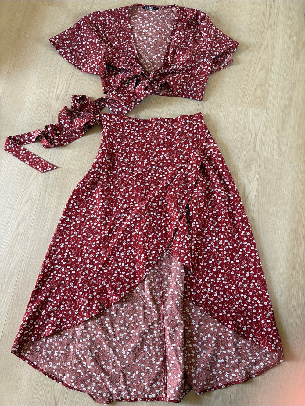 SHEIN Red Floral Tie-Front Crop Top & High-Low Wrap Skirt Set
